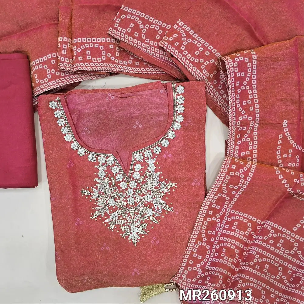 Pink with golden tint bandhini printed pure tissue organza silk unstitched salwar material, rich zardozi& bead work on yoke(thin, lining needed)matching santoon bottom, bandhini printed pure tissue organza silk short width dupatta. MR260913