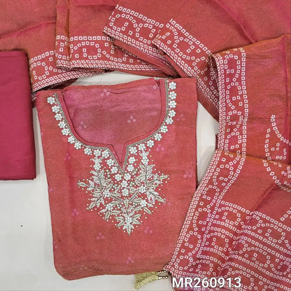 Pink with golden tint bandhini printed pure tissue organza silk unstitched salwar material, rich zardozi& bead work on yoke(thin, lining needed)matching santoon bottom, bandhini printed pure tissue organza silk short width dupatta. MR260913