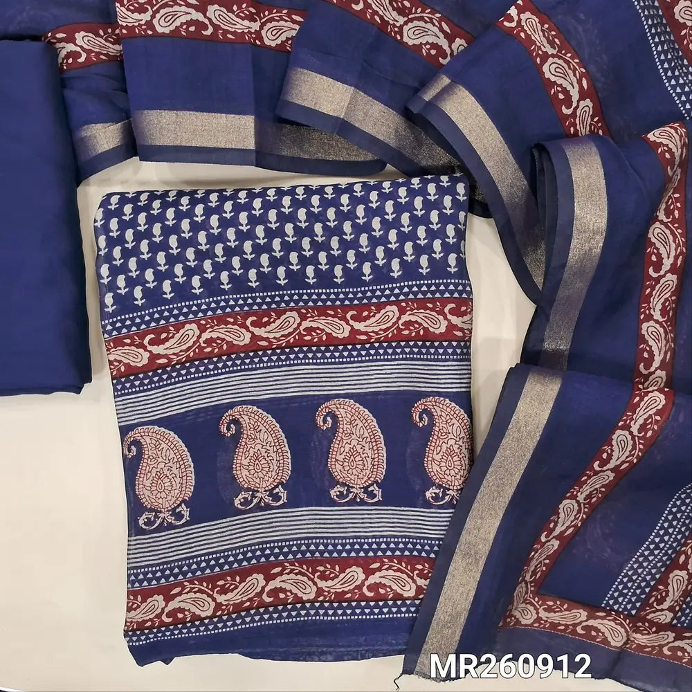 Dark blue printed premium silk cotton unstitched salwar material, printed daman border,(lining needed) matching spun cotton bottom, printed full length premium silk cotton dupatta with tissue borders. MR260912