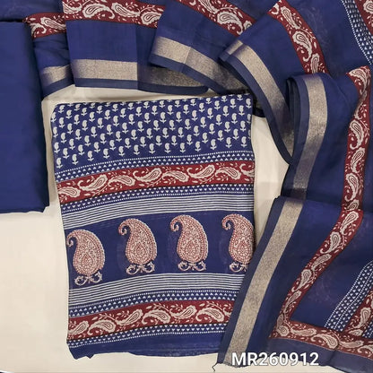 Dark blue printed premium silk cotton unstitched salwar material, printed daman border,(lining needed) matching spun cotton bottom, printed full length premium silk cotton dupatta with tissue borders. MR260912