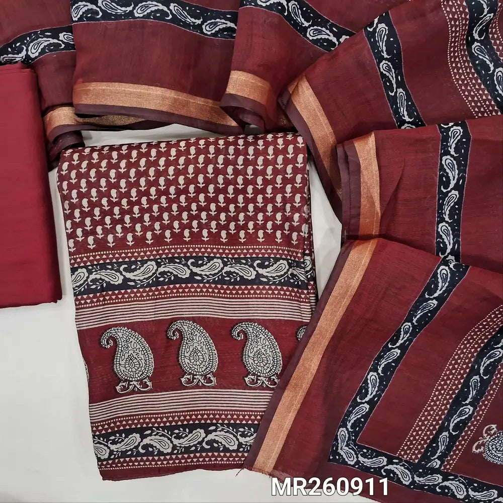 Dark maroon printed premium silk cotton unstitched salwar material, printed daman border,(lining needed) matching spun cotton bottom, printed full length premium silk cotton dupatta with tissue borders. MR260911
