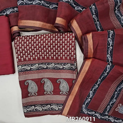 Dark maroon printed premium silk cotton unstitched salwar material, printed daman border,(lining needed) matching spun cotton bottom, printed full length premium silk cotton dupatta with tissue borders. MR260911