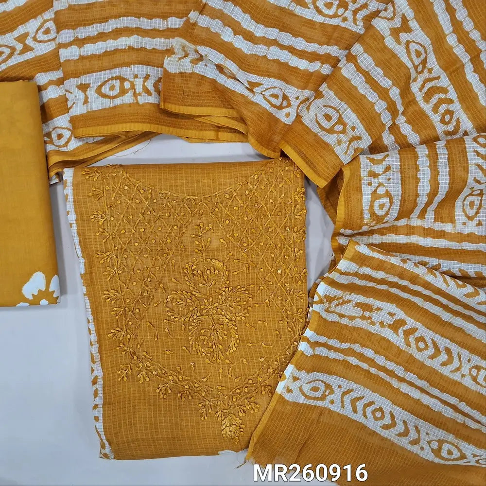 Yellow kota cotton unstitched salwar material,self thread work on yoke,panel design,batik design all over(lining needed) cotton bottom, batik design on full length pure kota cotton dupatta (TAPPING NEEDED). MR260916