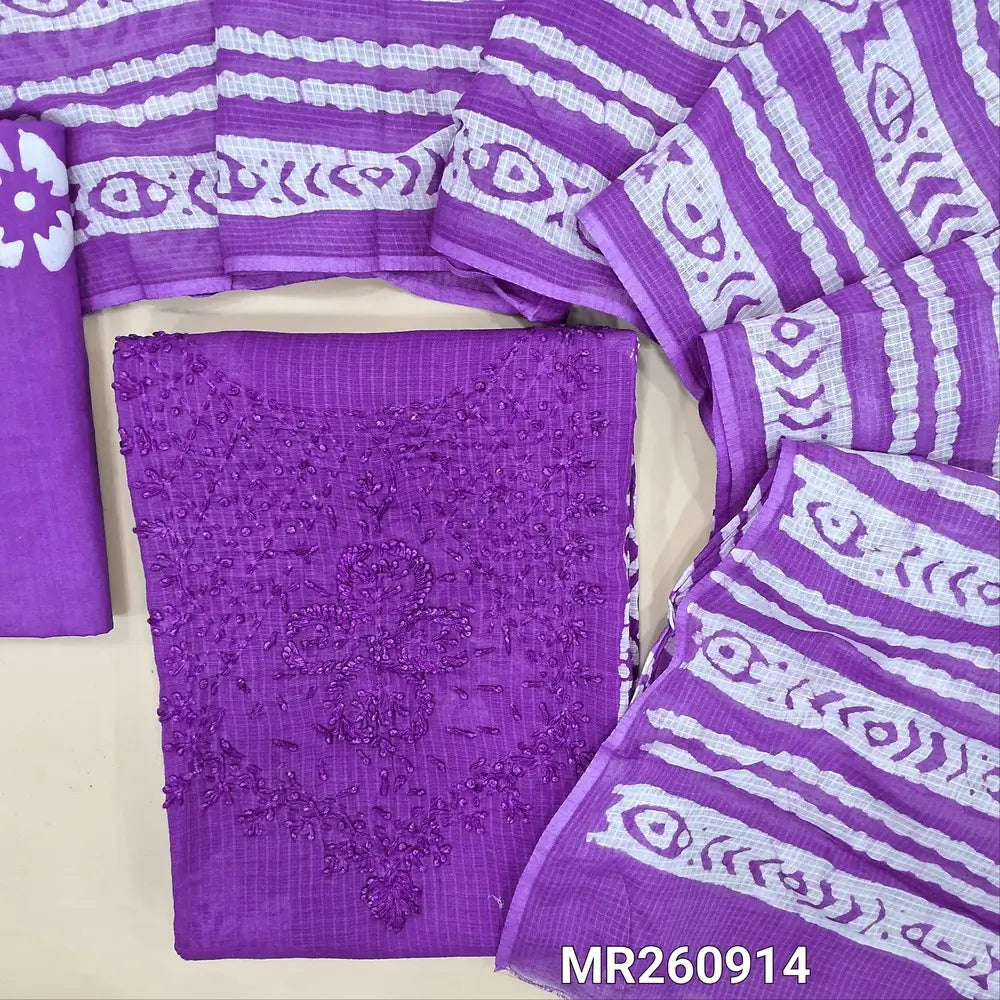 Dark purple kota cotton unstitched salwar material,self thread work on yoke,panel design,batik design all over(lining needed) cotton bottom, batik design on full length pure kota cotton dupatta (TAPPING NEEDED). MR260914