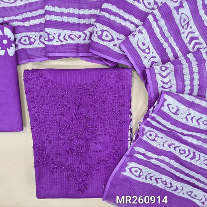 Dark purple kota cotton unstitched salwar material,self thread work on yoke,panel design,batik design all over(lining needed) cotton bottom, batik design on full length pure kota cotton dupatta (TAPPING NEEDED). MR260914