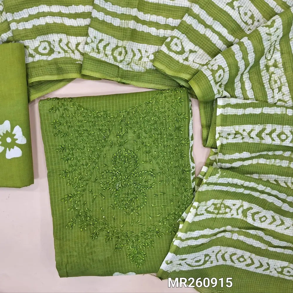Mossy green kota cotton unstitched salwar material,self thread work on yoke,panel design,batik design all over(lining needed) cotton bottom, batik design on full length pure kota cotton dupatta (TAPPING NEEDED). MR260915
