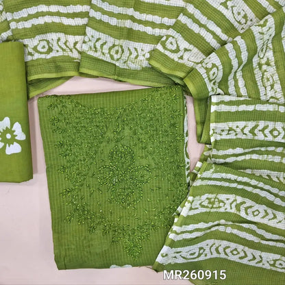 Mossy green kota cotton unstitched salwar material,self thread work on yoke,panel design,batik design all over(lining needed) cotton bottom, batik design on full length pure kota cotton dupatta (TAPPING NEEDED). MR260915