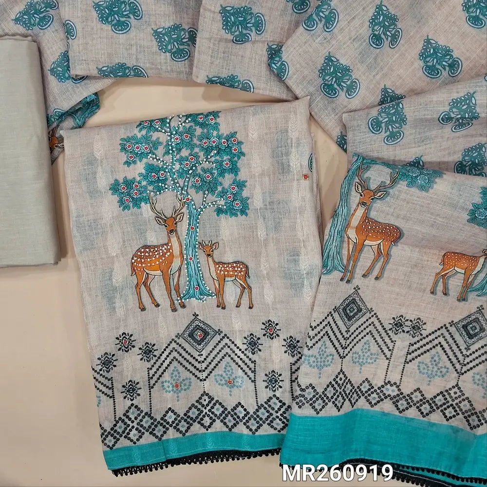 Pale grey base jakard semi linen unstitched salwar material, blue prints highlighted with zarodzi,peral bead and cut bead work, panel design(lining needed) matching spun cotton bottom, printed semi linen dupatta with lace taping. MR260919