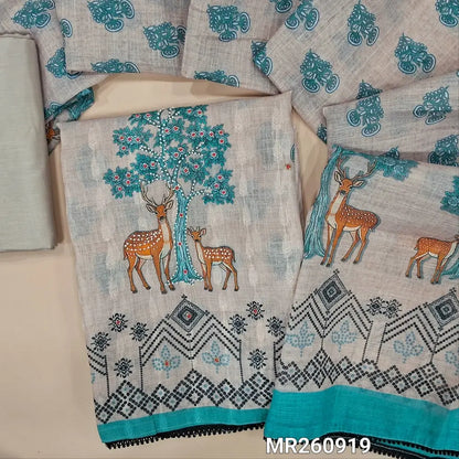 Pale grey base jakard semi linen unstitched salwar material, blue prints highlighted with zarodzi,peral bead and cut bead work, panel design(lining needed) matching spun cotton bottom, printed semi linen dupatta with lace taping. MR260919