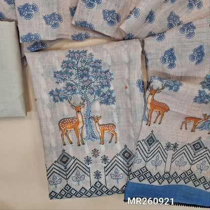 Pale grey base jakard semi linen unstitched salwar material, blueish grey prints highlighted with zarodzi,peral bead and cut bead work, panel design(lining needed) matching spun cotton bottom, printed semi linen dupatta with lace taping. MR260921