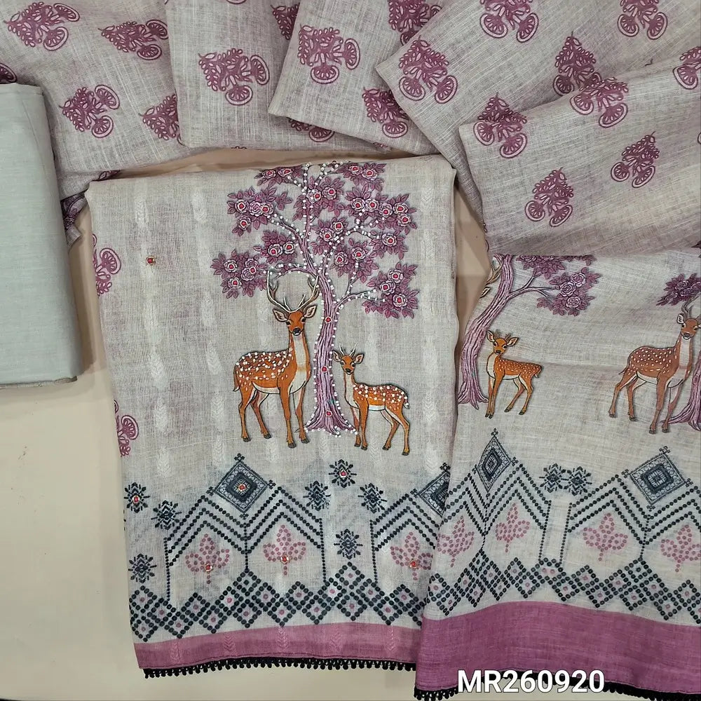 Pale grey base jakard semi linen unstitched salwar material, pink prints highlighted with zarodzi,peral bead and cut bead work, panel design(lining needed) matching spun cotton bottom, printed semi linen dupatta with lace taping. MR260920