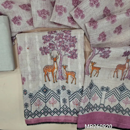 Pale grey base jakard semi linen unstitched salwar material, pink prints highlighted with zarodzi,peral bead and cut bead work, panel design(lining needed) matching spun cotton bottom, printed semi linen dupatta with lace taping. MR260920