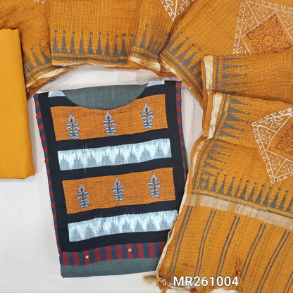 Grey shade premium slub cotton unstitched salwar material, ikat patch on yoke with embriodery work(lining optional) mehandhi yellow cotton bottom, hand block printed fancy kota silk cotton dupatta with gold tissue borders. MR261004