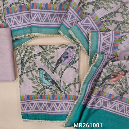 Lavender premium soft silk cotton unstitched salwar material, printed yoke with zarodsi and zari work, digital printed with zari and sequins on daman(lining needed) cotton bottom, digital printed silk cotton dupatta with lace tapping. MR261001