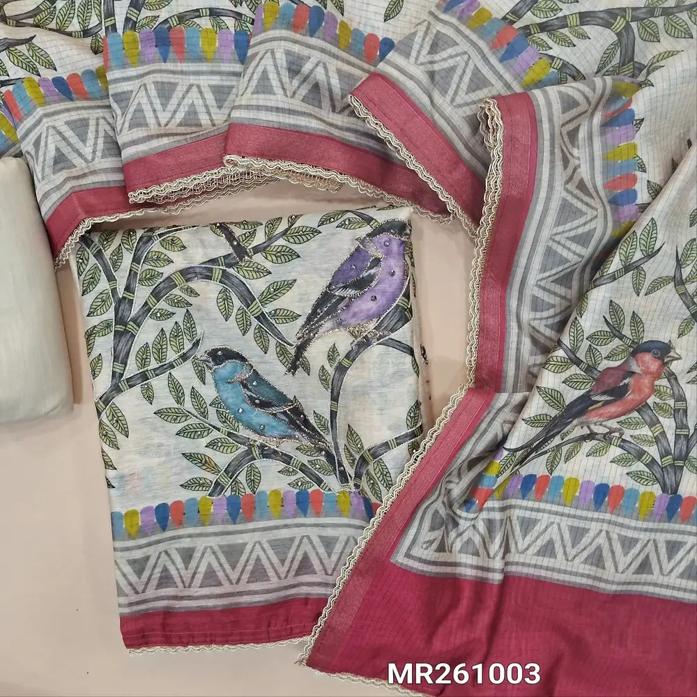 Beige base premium soft silk cotton unstitched salwar material, printed yoke with zarodsi and zari work, digital printed with zari and sequins on daman(lining needed) cotton bottom, digital printed silk cotton dupatta with lace tapping. MR261003