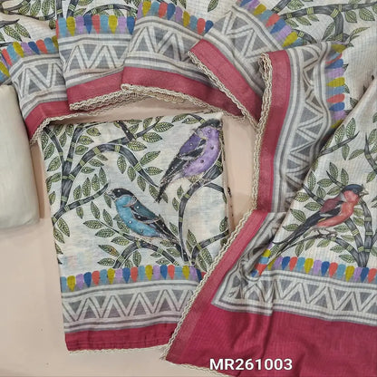 Beige base premium soft silk cotton unstitched salwar material, printed yoke with zarodsi and zari work, digital printed with zari and sequins on daman(lining needed) cotton bottom, digital printed silk cotton dupatta with lace tapping. MR261003