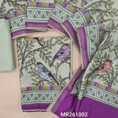 Pastel green premium soft silk cotton unstitched salwar material, printed yoke with zarodsi and zari work, digital printed with zari and sequins on daman(lining needed) cotton bottom, digital printed silk cotton dupatta with lace tapping. MR261002