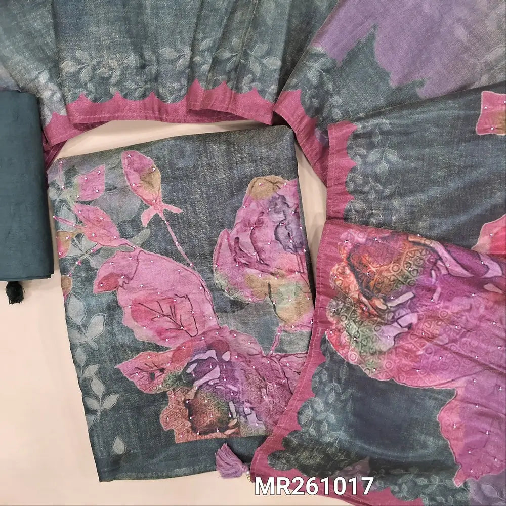 Greyish green digital printed soft tissue silk cotton unstitched salwar material, bead work on front(thin fabric, lining needed)matching santoon bottom, floral printed soft tissue silk cotton dupatta. MR261017