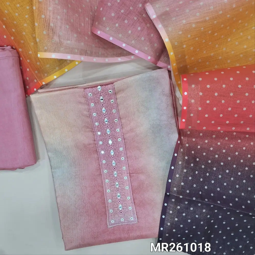 Multicolor with golden tint printed tissue silk cotton unstitched salwar material, thread& real mirror work on yoke (thin fabric, lining needed) pink santoon  bottom, printed multi color tissue silk cotton dupatta. MR261018