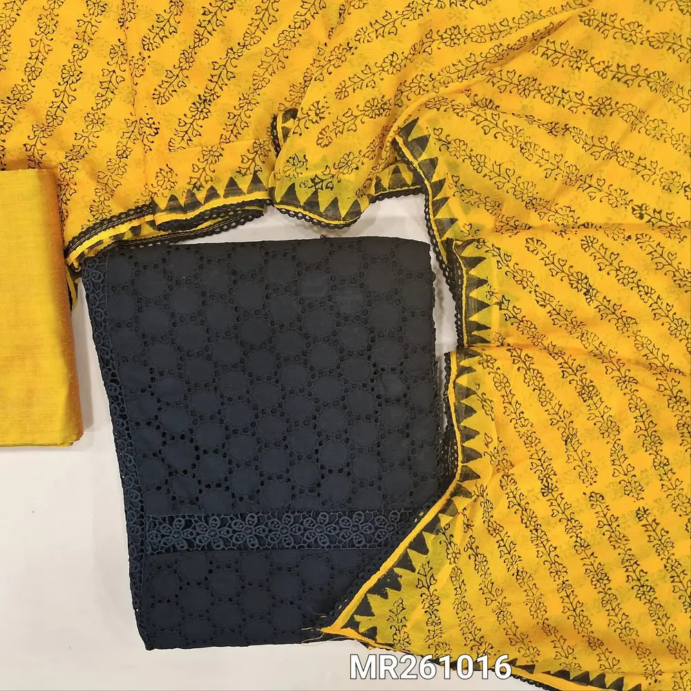 Black schiffli embroidered pure cotton unstitched salwar material, lace work on yoke,panel design,(lining needed) yellow silk cotton bottom, block printed fancy chiffon dupatta. MR261016
