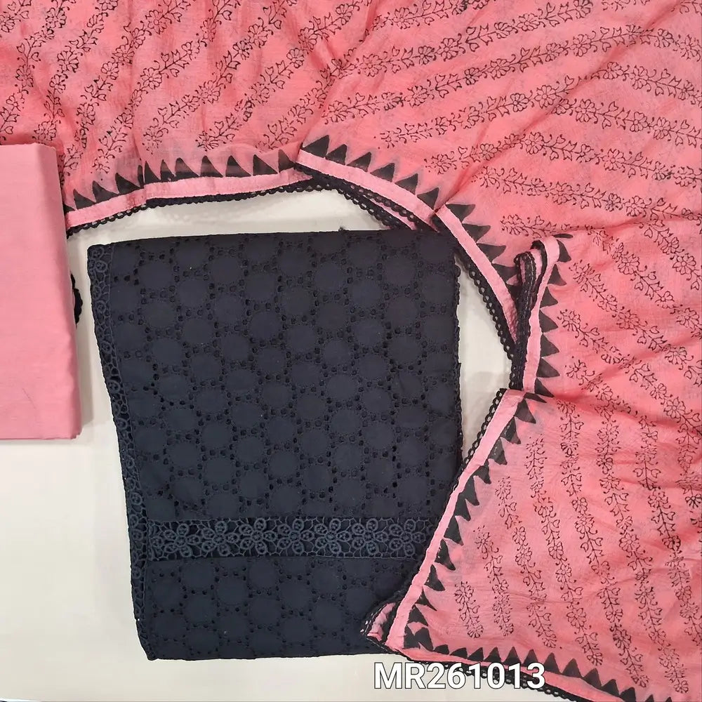 Black schiffli embroidered pure cotton unstitched salwar material, lace work on yoke,panel design,(lining needed) pink silk cotton bottom, block printed fancy chiffon dupatta. MR261013