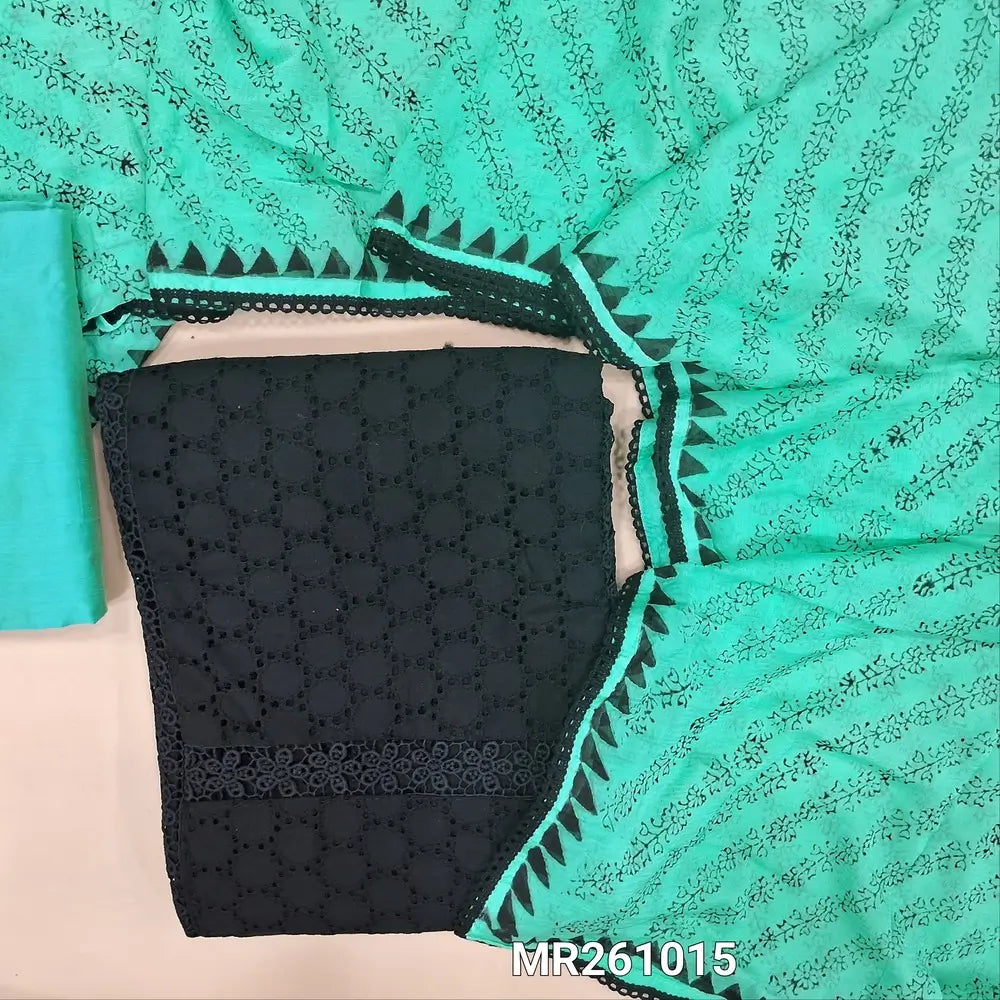 Black schiffli embroidered pure cotton unstitched salwar material, lace work on yoke,panel design,(lining needed) pastel blue silk cotton bottom, block printed fancy chiffon dupatta. MR261015