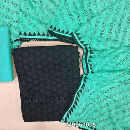 Black schiffli embroidered pure cotton unstitched salwar material, lace work on yoke,panel design,(lining needed) pastel blue silk cotton bottom, block printed fancy chiffon dupatta. MR261015