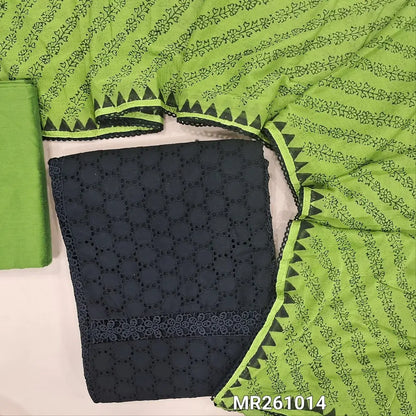 Black schiffli embroidered pure cotton unstitched salwar material, lace work on yoke,panel design,(lining needed) green silk cotton bottom, block printed fancy chiffon dupatta. MR261014