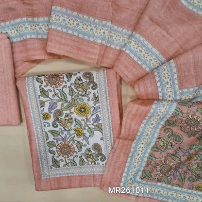 Light peachish pink fancy silk cotton unstitched salwar material,kalamkari printed yoke,(lining needed) printed silk cotton bottom, digital printed silk cotton dupatta with pallu. MR261011