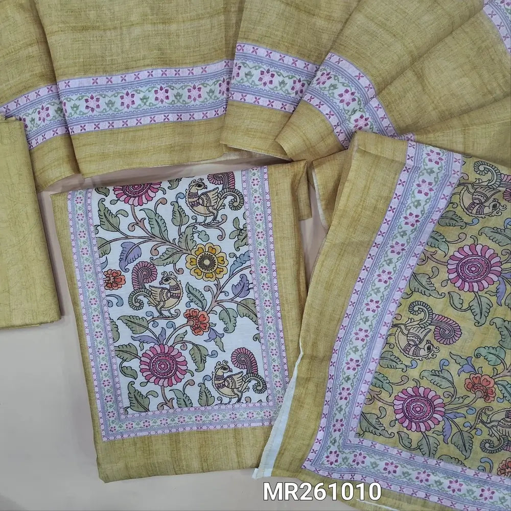 Pastel yellow fancy silk cotton unstitched salwar material,kalamkari printed yoke,(lining needed) printed silk cotton bottom, digital printed silk cotton dupatta with pallu. MR261010