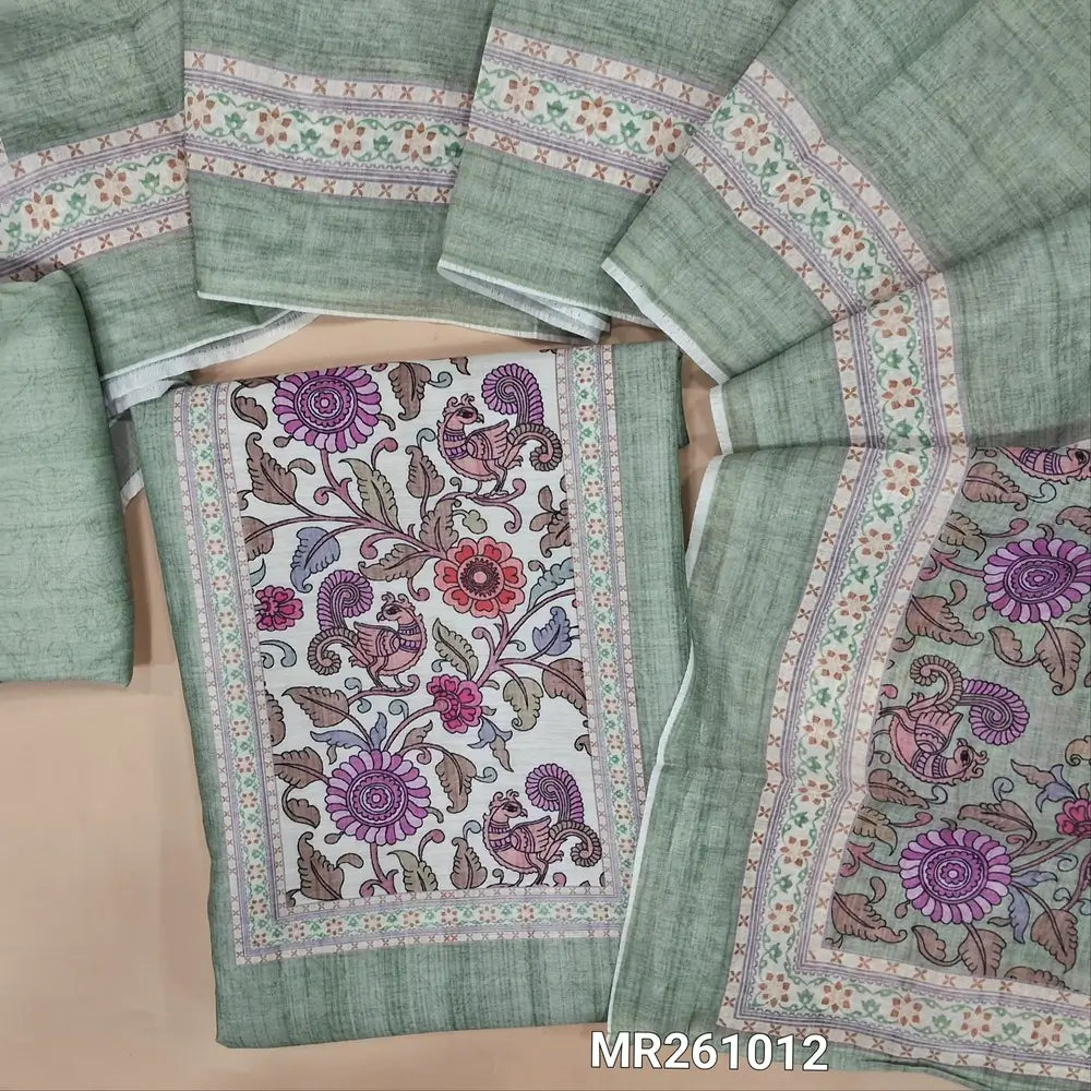 Pastel green fancy silk cotton unstitched salwar material,kalamkari printed yoke,(lining needed) printed silk cotton bottom, digital printed silk cotton dupatta with pallu. MR261012
