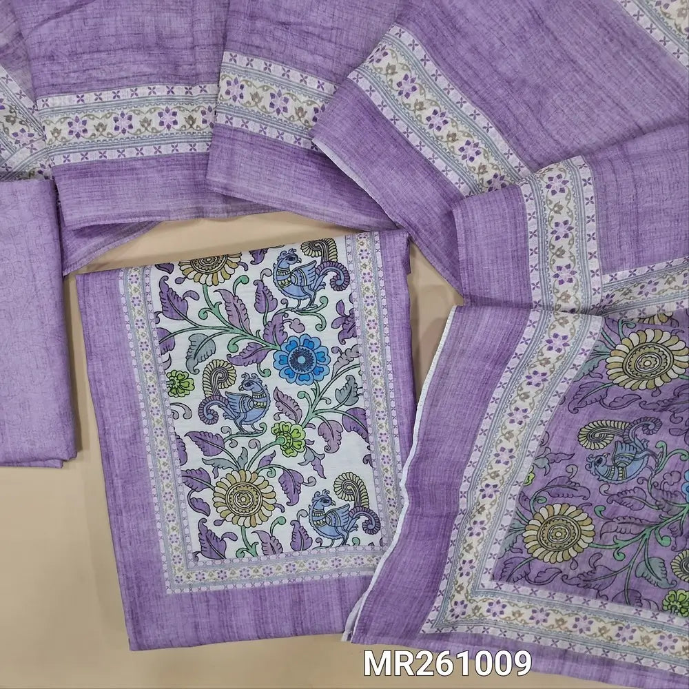 Lavender shade fancy silk cotton unstitched salwar material,kalamkari printed yoke,(lining needed) printed silk cotton bottom, digital printed silk cotton dupatta with pallu. MR261009