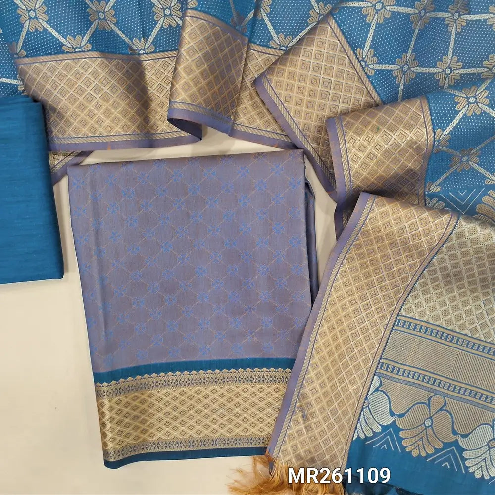 Greyish blue fancy jakard silk cotton unstitched salwar material ( soft,lining optional) self weaving all over, thread woven borders,teal blue silk cotton bottom, brocade weaving on silk cotton dupatta width thread woven pallu . MR261109