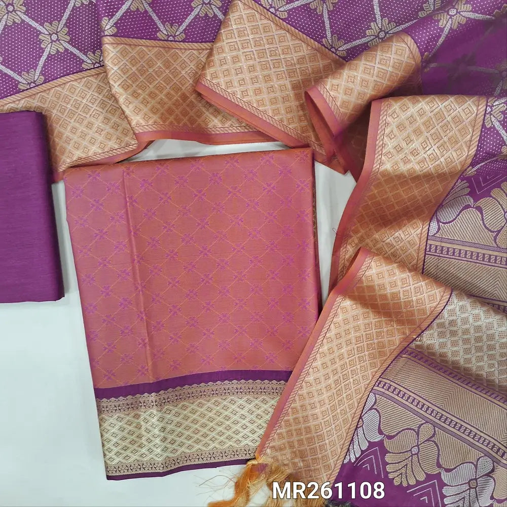 Pink fancy jakard silk cotton unstitched salwar material ( soft,lining optional) self weaving all over, thread woven borders,purple silk cotton bottom, brocade weaving on silk cotton dupatta width thread woven pallu . MR261108
