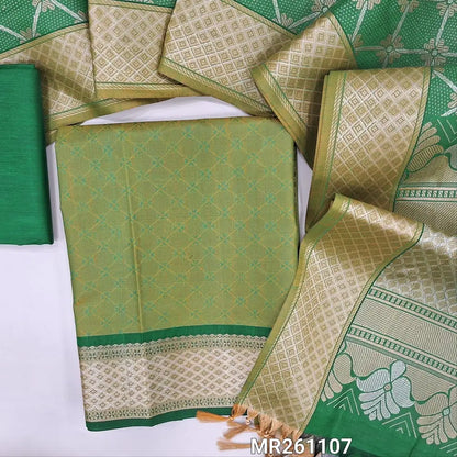 Light green fancy jakard silk cotton unstitched salwar material ( soft,lining optional) self weaving all over, thread woven borders,bottle green silk cotton bottom, brocade weaving on silk cotton dupatta width thread woven pallu . MR261107