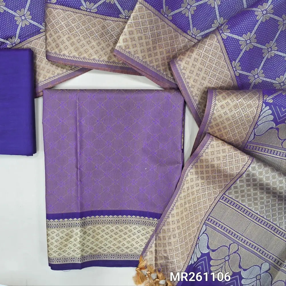 Light purple fancy jakard silk cotton unstitched salwar material ( soft,lining optional) self weaving all over, thread woven borders,dark purple silk cotton bottom, brocade weaving on silk cotton dupatta width thread woven pallu . MR261106