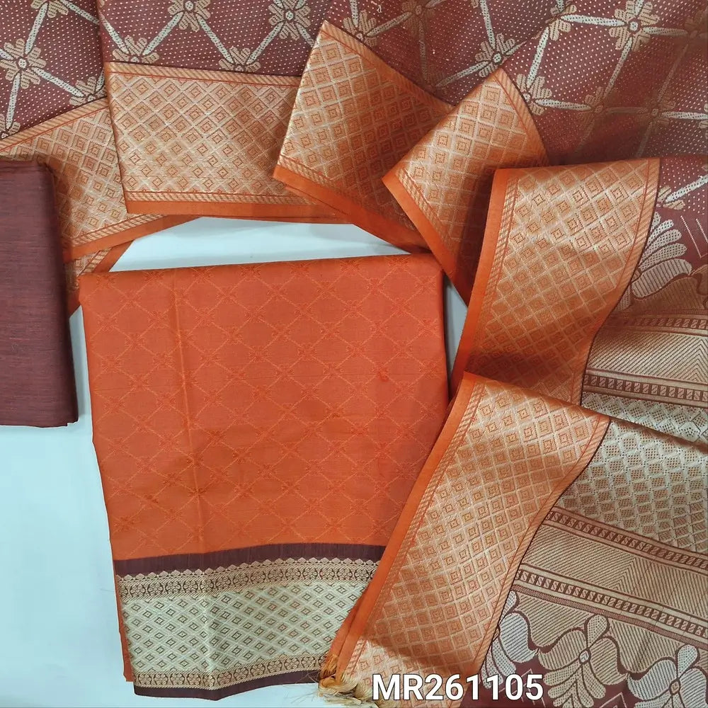 Rust orange fancy jakard silk cotton unstitched salwar material ( soft,lining optional) self weaving all over, thread woven borders,maroon silk cotton bottom, brocade weaving on silk cotton dupatta width thread woven pallu . MR261105