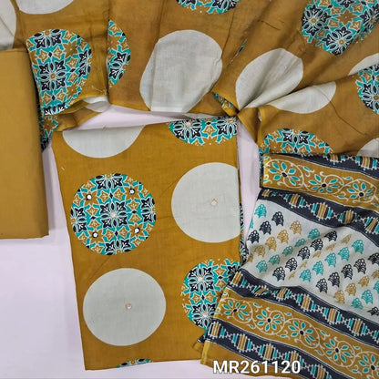 Mehandhi yellow premium cotton unstitched salwar material,polka design,ajrak printed and faux mirror on front(lining optional)cotton bottom,printed mul cotton dupatta. MR261120
