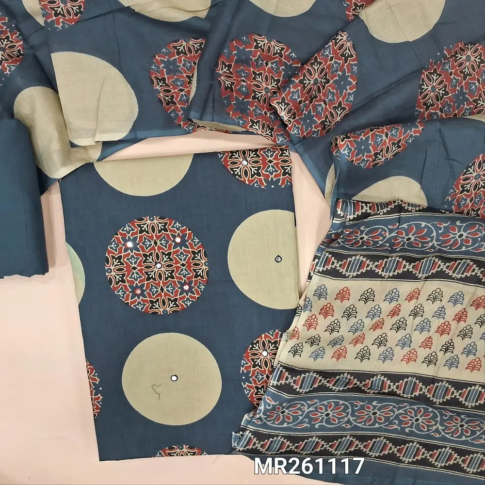 Blue premium cotton unstitched salwar material,polka design,ajrak printed and faux mirror on front(lining optional)cotton bottom,printed mul cotton dupatta. MR261117