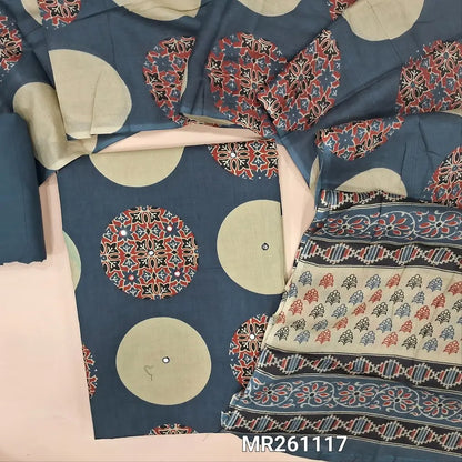 Blue premium cotton unstitched salwar material,polka design,ajrak printed and faux mirror on front(lining optional)cotton bottom,printed mul cotton dupatta. MR261117