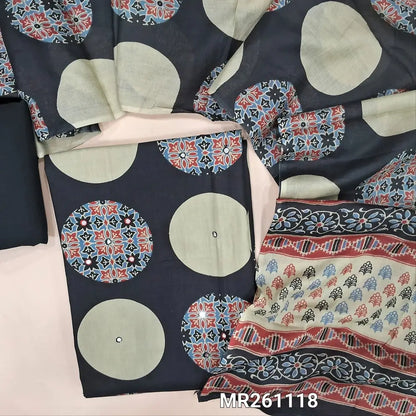 Black premium cotton unstitched salwar material,polka design,ajrak printed and faux mirror on front(lining optional)cotton bottom,printed mul cotton dupatta. MR261118