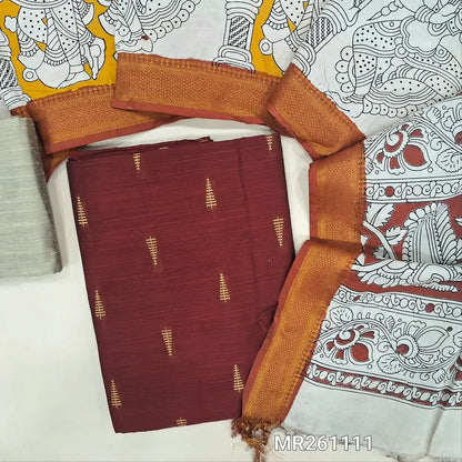 Maroon premium raw silk unstitched salwar material (textured, Lining optional) thread weaving all over,beige silk bottom, pen kalamkari chennuri silk dupatta with nizam borders. MR261111