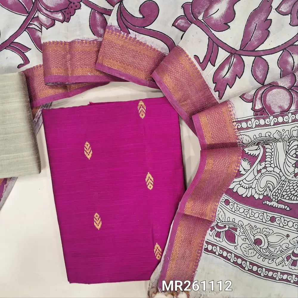 Bright pink premium raw silk unstitched salwar material (textured, Lining optional) zari weaving all over,beige silk bottom, pen kalamkari chennuri silk dupatta with nizam borders. MR261112