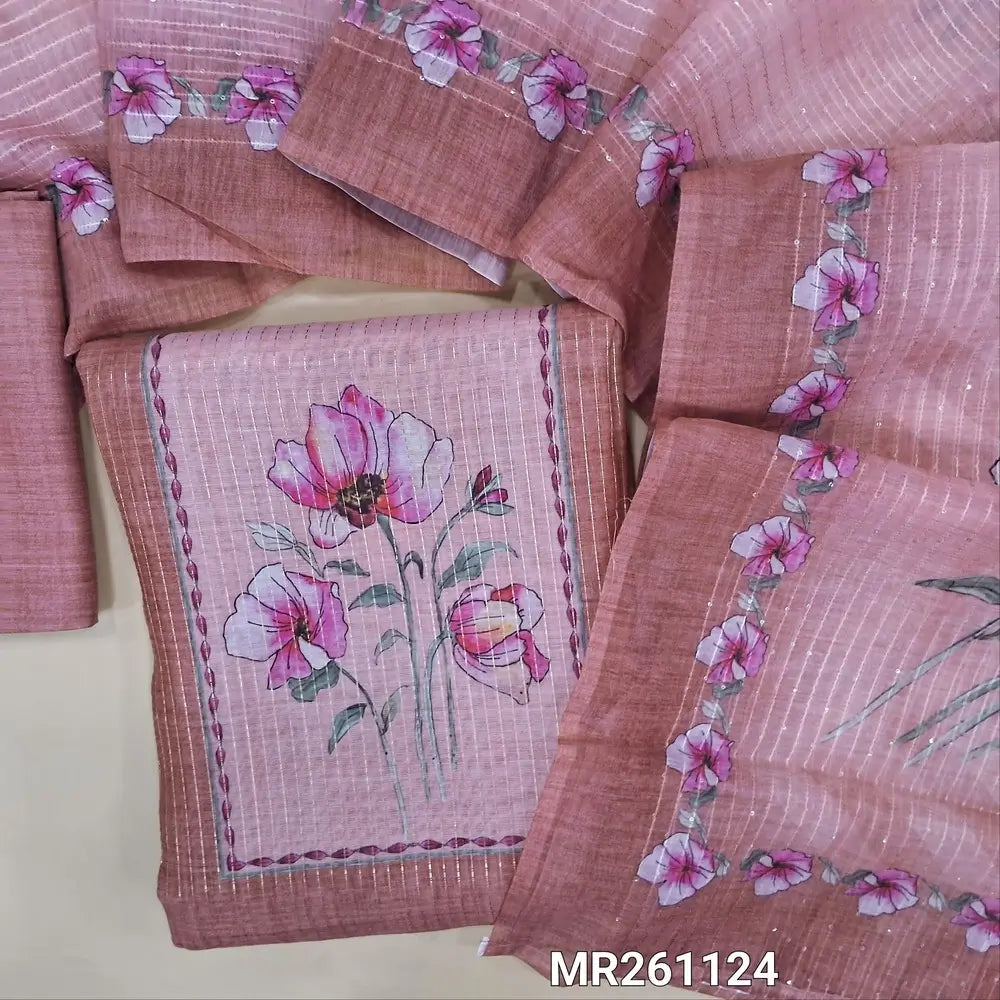 Pink fancy silk cotton unstitched salwar material,printed yoke,zari lines on front,(lining needed)silk cotton bottom,sequins work and digital printed silk cotton dupatta. MR261124