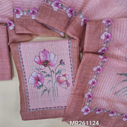 Pink fancy silk cotton unstitched salwar material,printed yoke,zari lines on front,(lining needed)silk cotton bottom,sequins work and digital printed silk cotton dupatta. MR261124