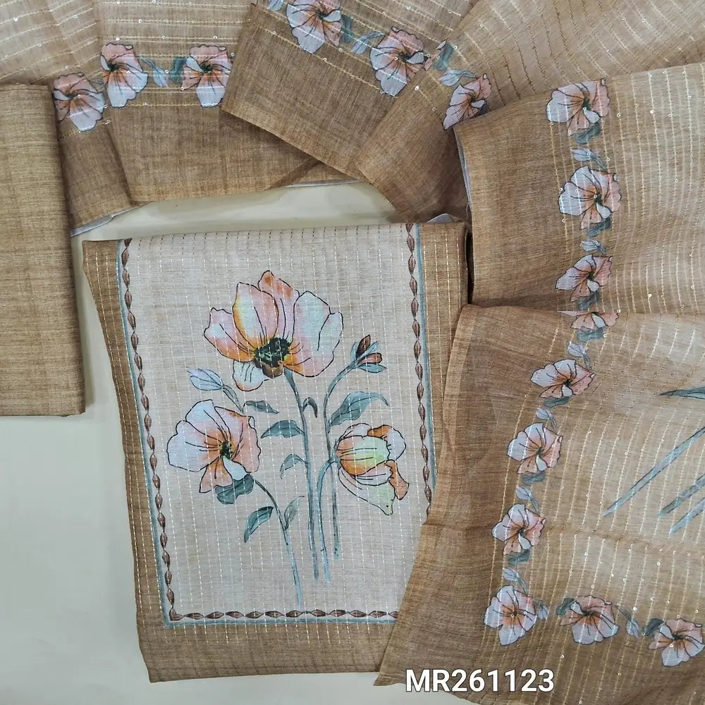 Beige fancy silk cotton unstitched salwar material,printed yoke,zari lines on front,(lining needed)silk cotton bottom,sequins work and digital printed silk cotton dupatta. MR261123