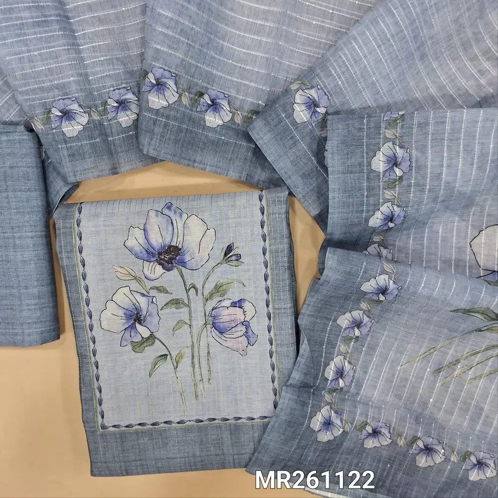Grey fancy silk cotton unstitched salwar material,printed yoke,zari lines on front,(lining needed)silk cotton bottom,sequins work and digital printed silk cotton dupatta. MR261122