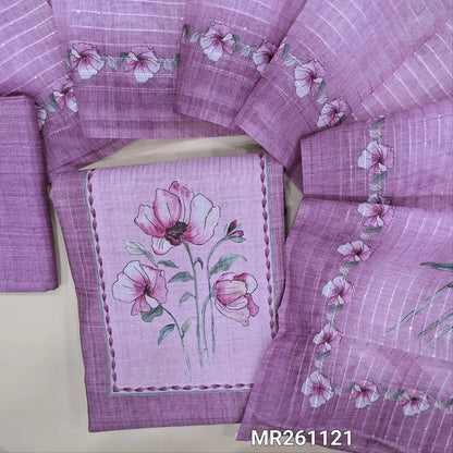 Purple fancy silk cotton unstitched salwar material,printed yoke,zari lines on front,(lining needed)silk cotton bottom,sequins work and digital printed silk cotton dupatta. MR261121