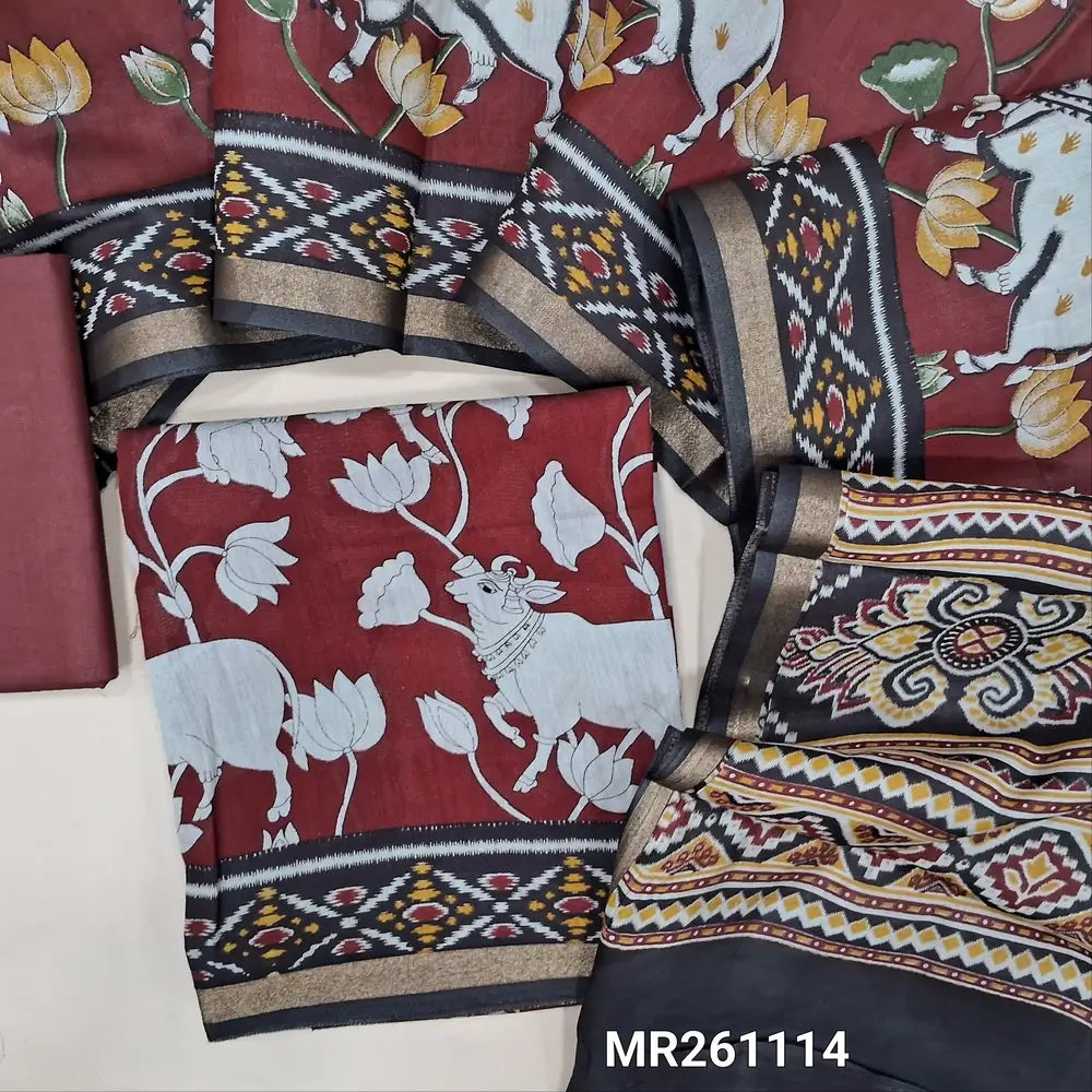 Dark maroon pichwai printed soft fancy silk cotton unstitched salwar material, printed all over (Lining Needed)cotton bottom,printed full length premium silk cotton dupatta with contrast pallu. (REQUIRES TAPINGS) MR261114