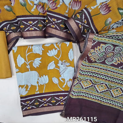 Mehandhi yellow pichwai printed soft fancy silk cotton unstitched salwar material, printed all over (Lining Needed)cotton bottom,printed full length premium silk cotton dupatta with contrast pallu. (REQUIRES TAPINGS) MR261115